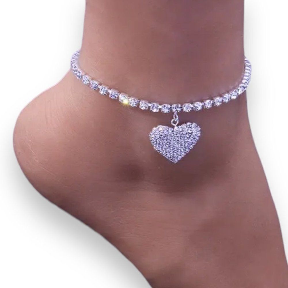 Silver Sparkle Charming Heart Tennis Bracelet Anklet  NEW